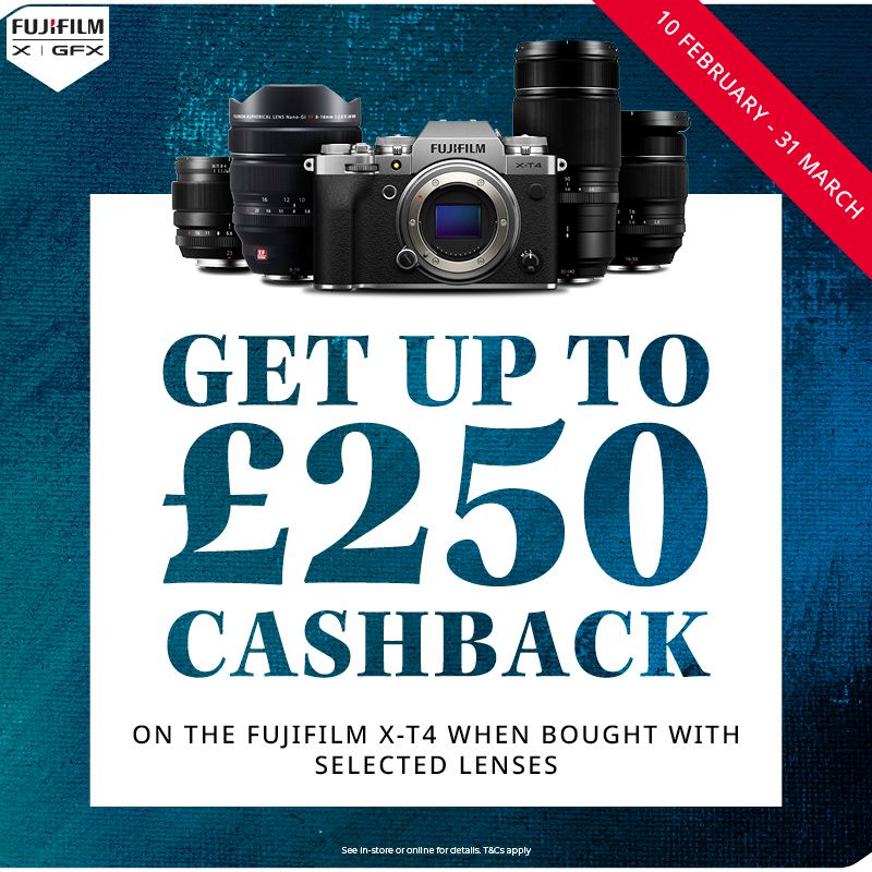 Claim up to £250 cashback on the Fujifilm X-T4 plus selected lenses